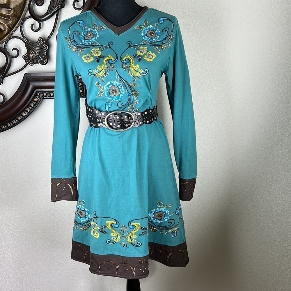 Double D Ranch Teal Embroidered Midi Dress with Brown Trim